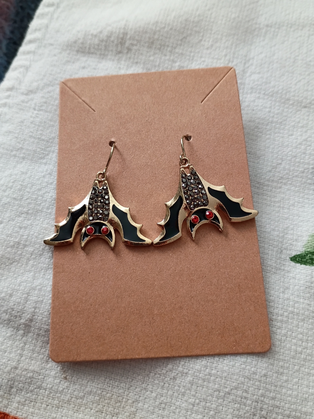 Vintage Gothic Black Enamel Bat Dangle Earrings with Red Rhinestone Eyes.
